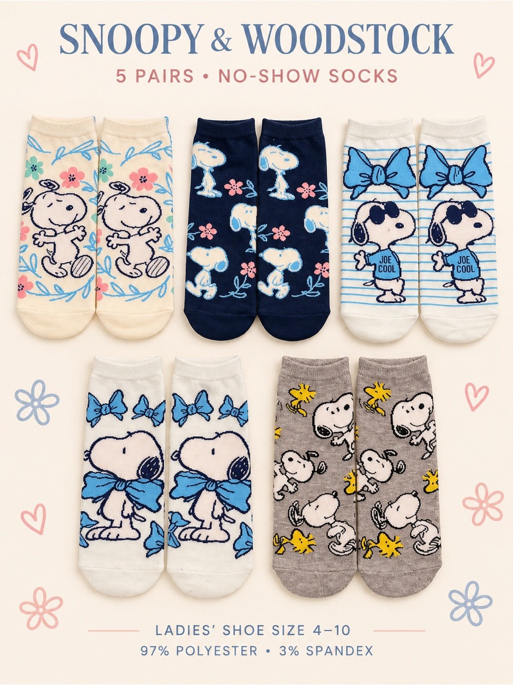 NWT Peanuts Snoopy & Woodstock No-Show Socks - 5-Pack